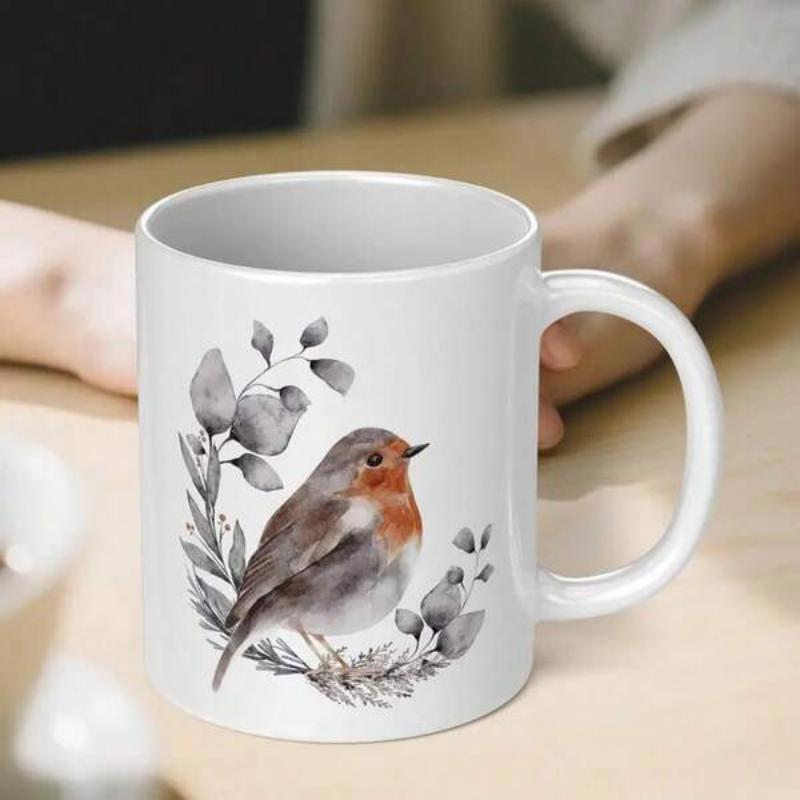 Tailorly White Ceramic 11 oz Mug - Watercolor Illustration Of A Small Red Breast Bird Perched Among Grey Leaves Robin