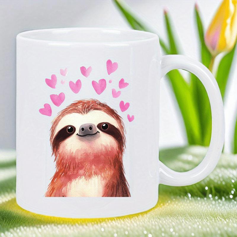 Tailorly White Ceramic 11 oz Mug - Smiling Cartoon Sloth Surrounded By Pink Floating Hearts With Gentle Expression Sloth