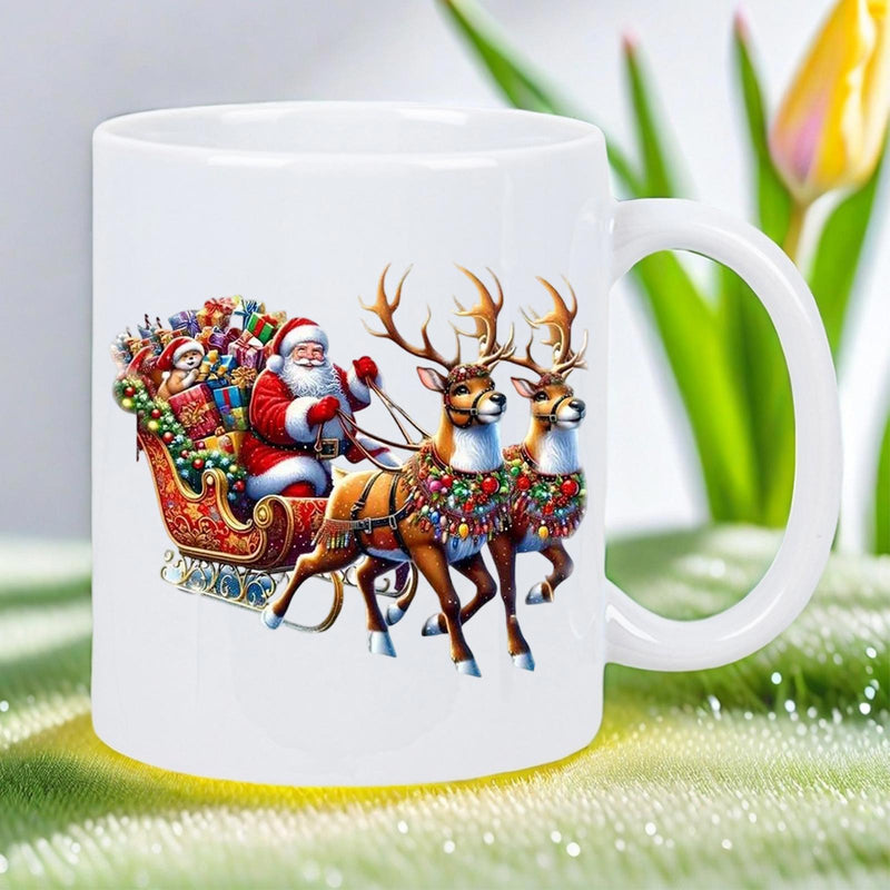 Tailorly White Ceramic 11 oz Mug - Majestic Santa Riding Sleigh Pulled By Two Strong Galloping Brown Reindeer