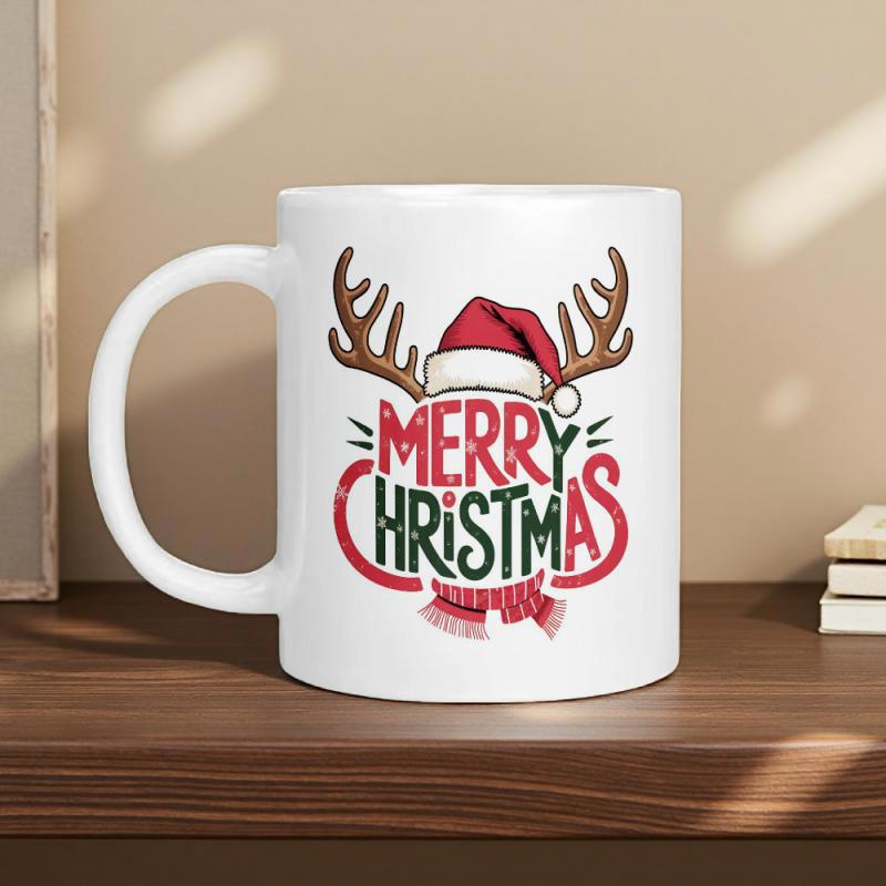Tailorly White Ceramic 11 oz Mug - Merry Christmas Festive Red Santa Hat With Classic Brown Reindeer Antlers Reindeer