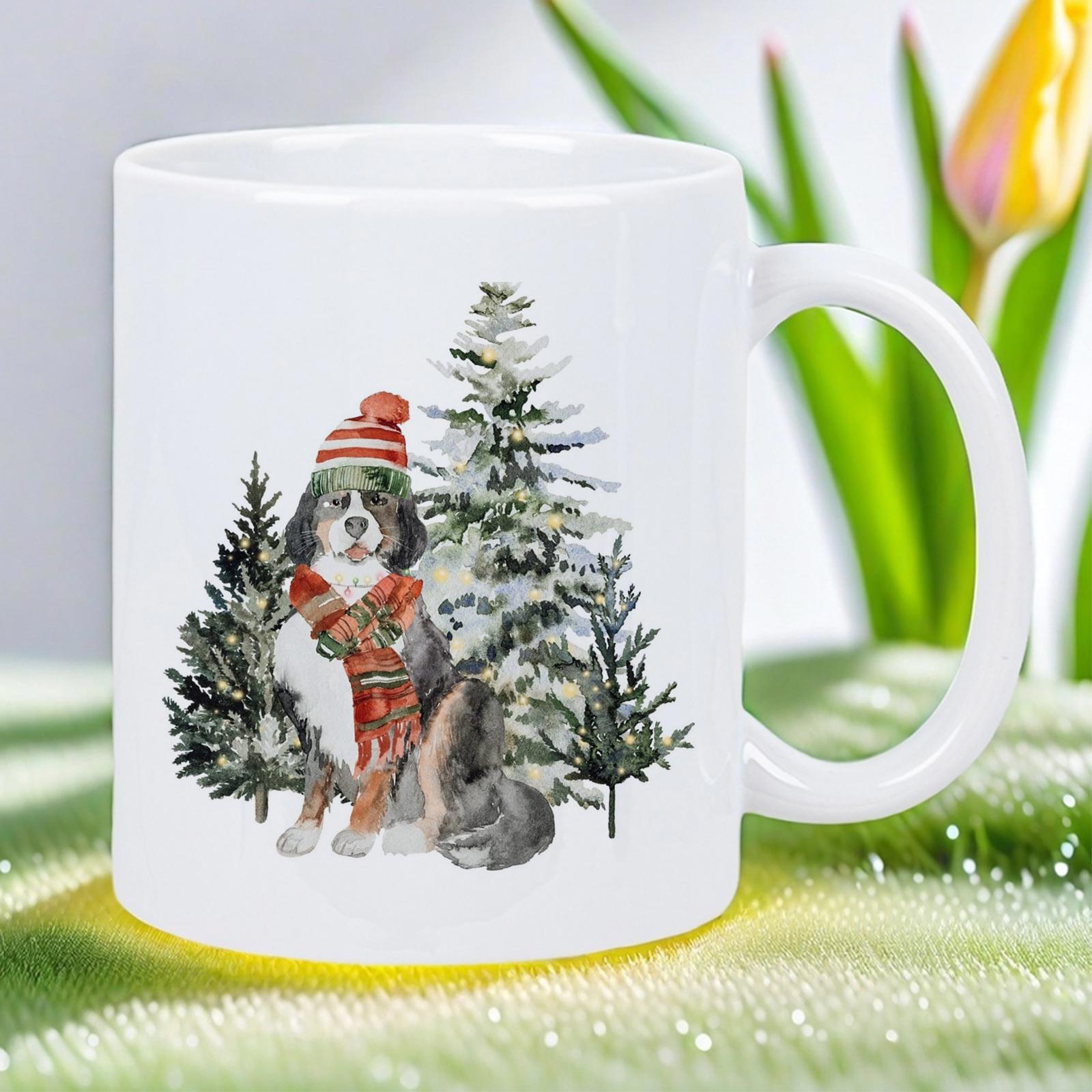 Tailorly White Ceramic 11 oz Mug - Snowy Winter Pine Trees With Bernese Mountain Dog Wearing Holiday Hat Dog