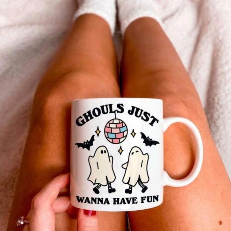 Tailorly White Ceramic 11 oz Mug - Ghouls Just Wanna Have Fun Dancing Sheet Ghosts Under A Glittering Disco Ball With Tiny Bats Mug