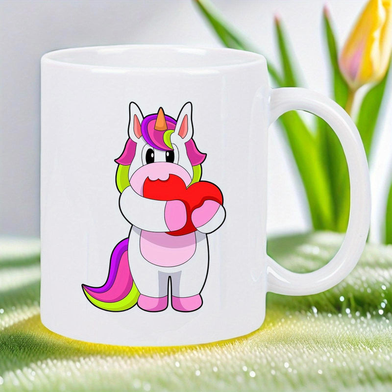 Tailorly White Ceramic 11 oz Mug - Colorful Rainbow Mane Cartoon Character Hugging A Large Red Heart Unicorn