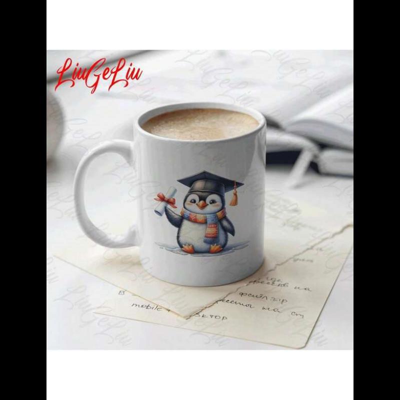 Tailorly White Ceramic 11 oz Mug - Adorable Little Graduate Wearing Mortarboard And Scarf Holding A Degree Diploma Penguin