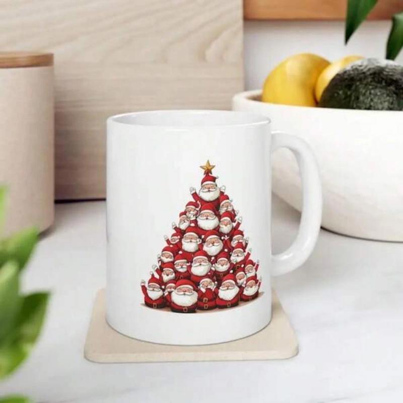 Tailorly White Ceramic 11 oz Mug - Jolly Little Santas Stacked Together Forming A Festive Seasonal Holiday Tree Santa