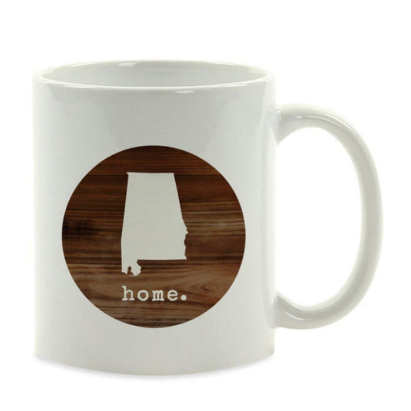Tailorly White Ceramic 11 oz Mug - Home Rustically Textured Wood Grain Circular Background With Silhouette Alabama Map