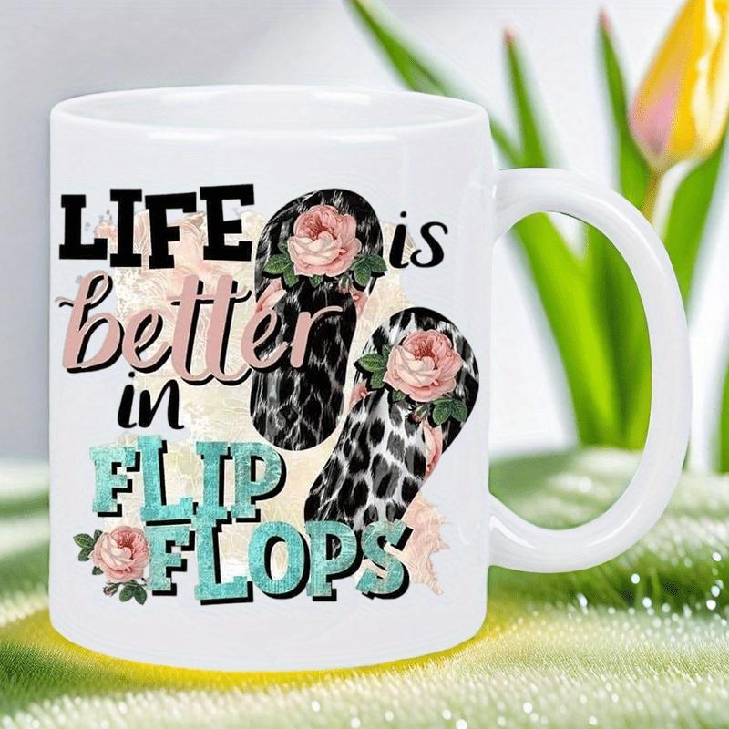 Tailorly White Ceramic 11 oz Mug - Life Better In Flip Flops Leopard Print Pattern Decorated With Pink Roses Among Green Leaves Flip Flops