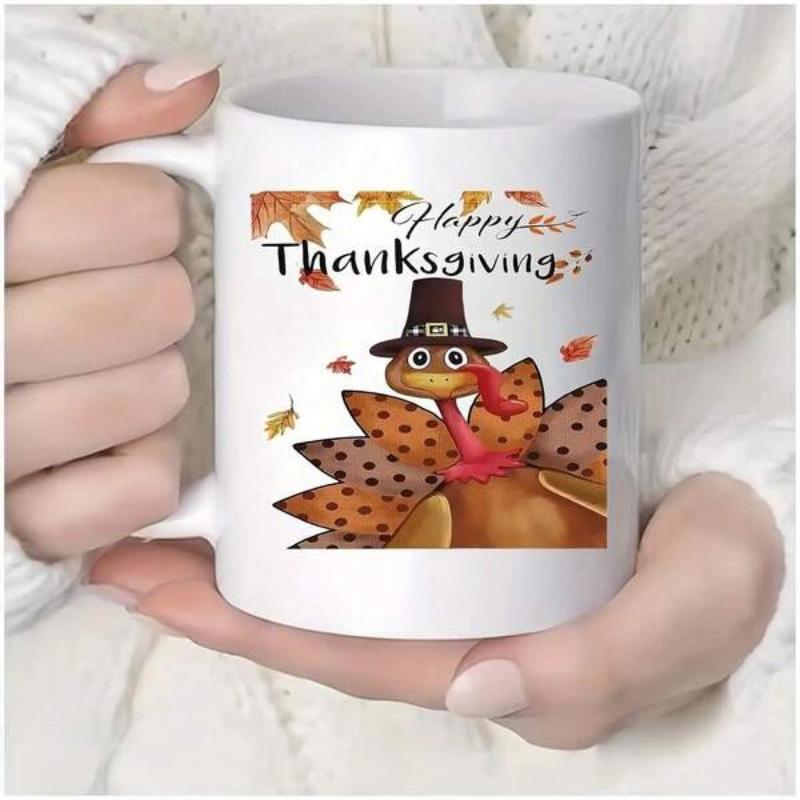 Tailorly White Ceramic 11 oz Mug - Happy Thanksgiving Festive Cartoon Pilgrim Hat Wearing Bird With Autumn Maple Leaves Turkey