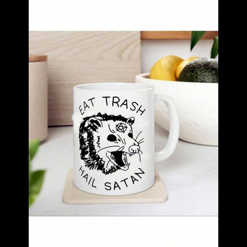 Tailorly White Ceramic 11 oz Mug - Eat Trash Hail Satan Screaming Wild Animal With Pentagram Symbol On Forehead Opossum
