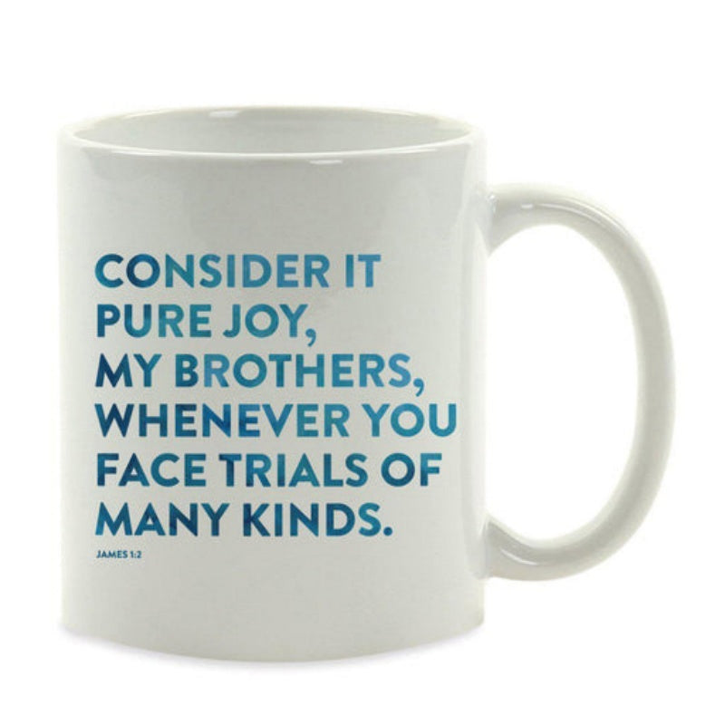 Tailorly White Ceramic 11 oz Mug - Consider It Pure Joy My Brothers Whenever You Face Trials Of Many Kinds James 1 2 Minimalist White Ceramic Vessel With Blue Bold