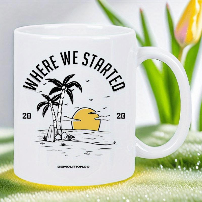 Tailorly White Ceramic 11 oz Mug - Where We Started 20 20 Tropical Beach Scene With Palm Trees And Golden Sunset Over Ocean Palm Tree
