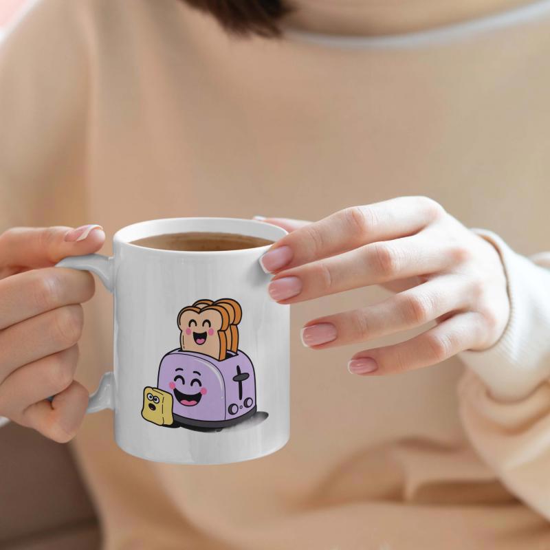 Tailorly White Ceramic 11 oz Mug - Happy Purple Cartoon Kitchen Appliance With Smiling Toast And Butter Slices Toaster