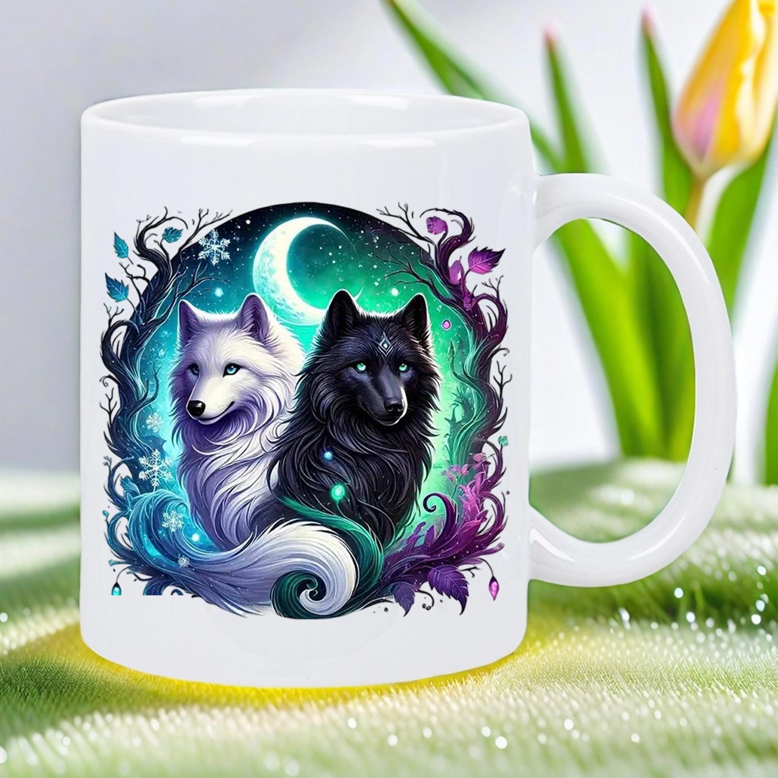 Tailorly White Ceramic 11 oz Mug - Mystical Enchanted Forest Scene Under Glowing Crescent Moon With Spirit Wolf