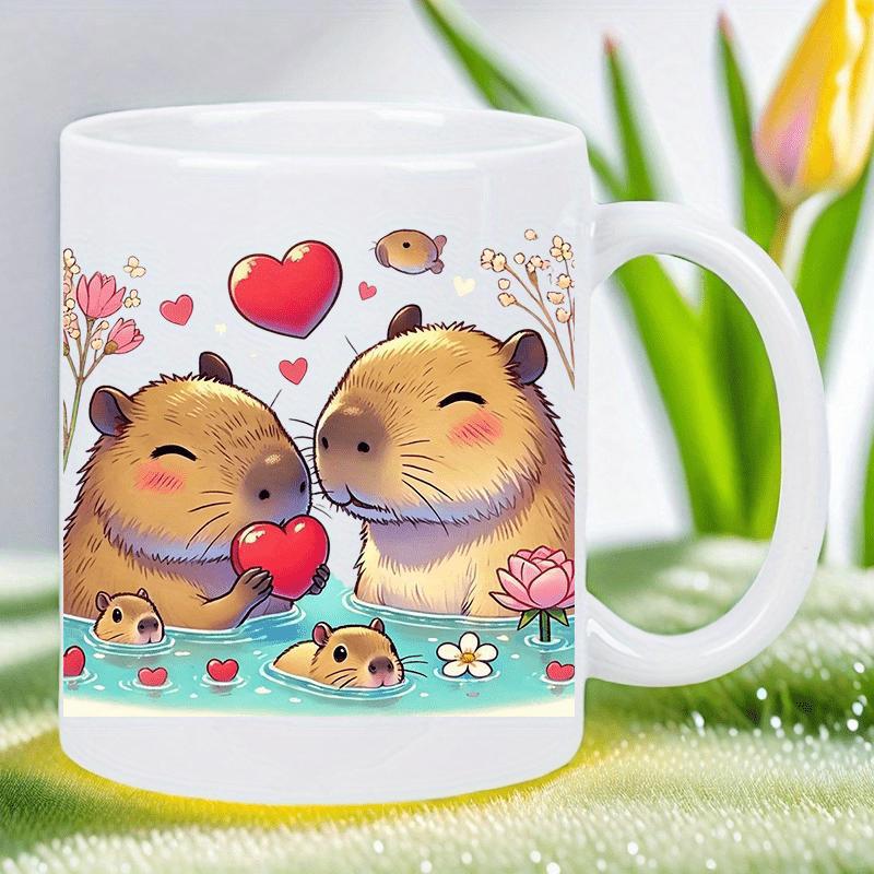 Tailorly White Ceramic 11 oz Mug - Adorable Cartoon Capybaras Floating In Water With Hearts And Flowers Capybara