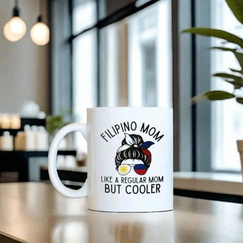 Tailorly White Ceramic 11 oz Mug - Filipino Mom Like A Regular Mom But Cooler Messy Bun Silhouette Wearing Bandana And Sunglasses Decorated With Philippine Flag