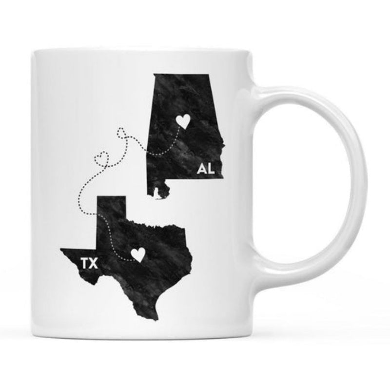 Tailorly White Ceramic 11 oz Mug - AL TX Minimalist Textured Silhouette Representing Connection Between Two Different State Map