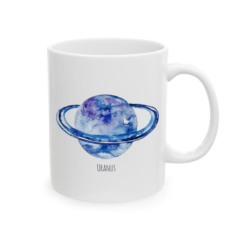 Tailorly White Ceramic 11 oz Mug - Uranus Watercolor Style Blue Celestial Sphere Floating Within Space Theme Rings Planet