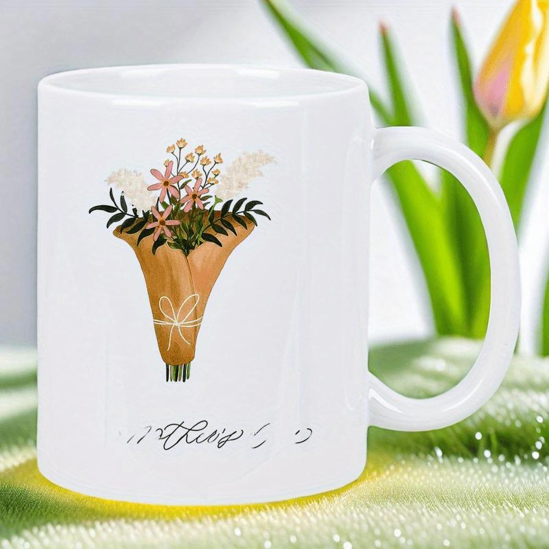 Tailorly White Ceramic 11 oz Mug - Thanks Vibrant Spring Flowers Wrapped In Brown Paper With Elegant White Bow Bouquet