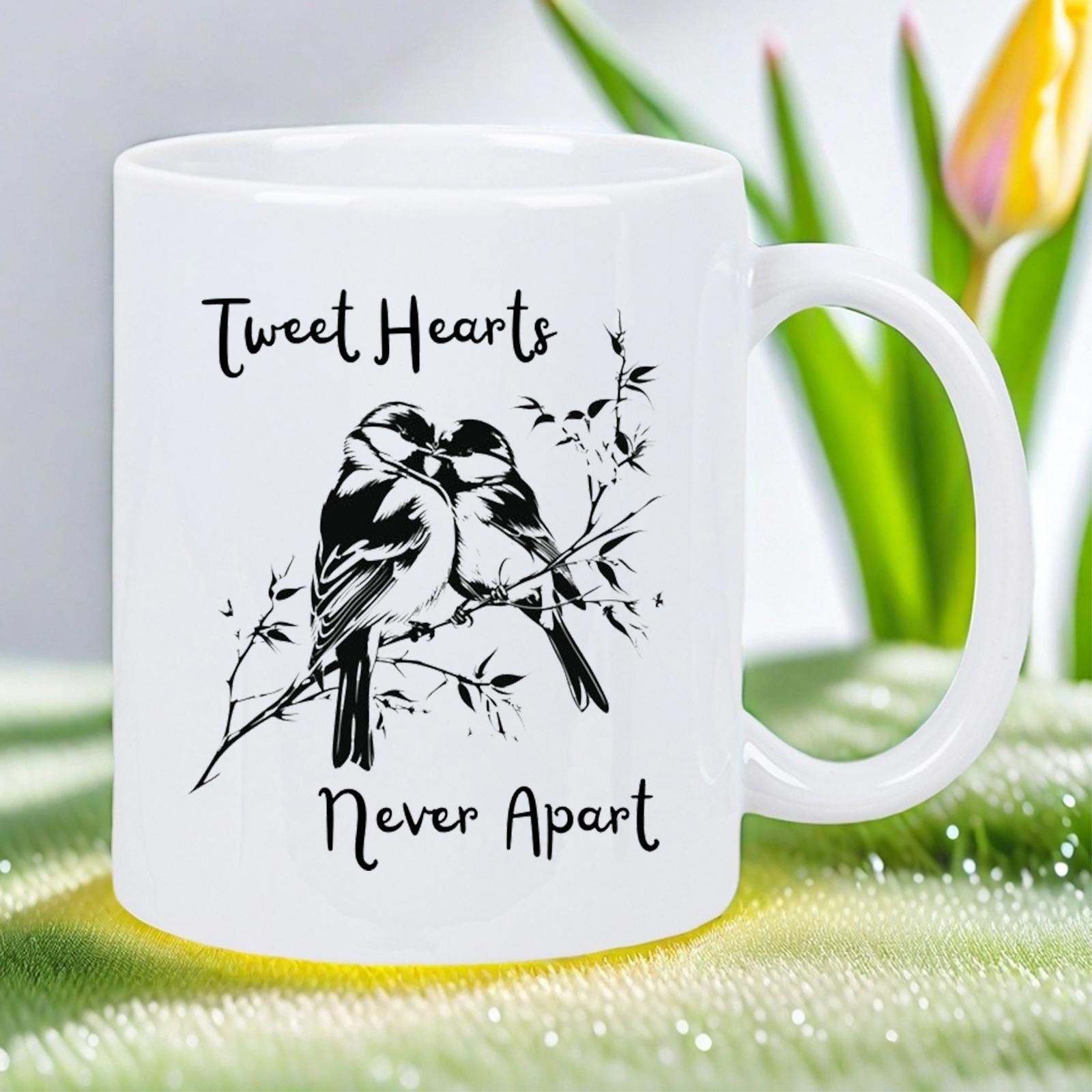 Tailorly White Ceramic 11 oz Mug - Tweet Hearts Never Apart Two Small Songbirds Sitting Together On A Natural Leafy Tree Branch Birds