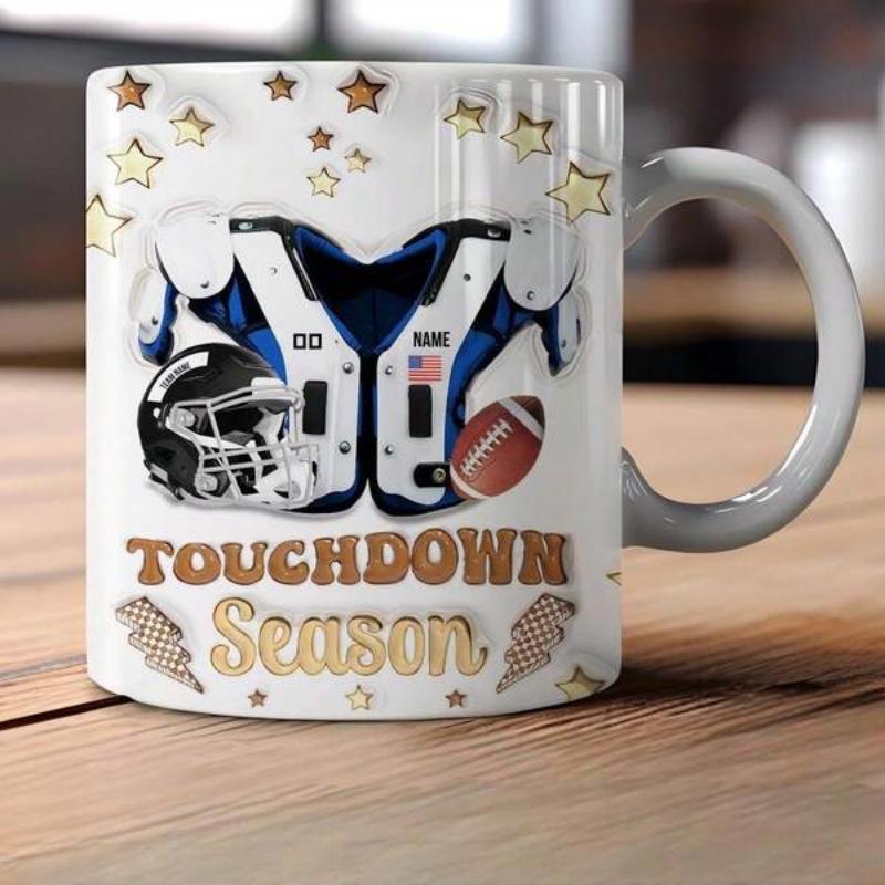 Tailorly White Ceramic 11 oz Mug - Touchdown Season American Football Protective Gear With Stars And Helmet Beside A Leather Ball Equipment