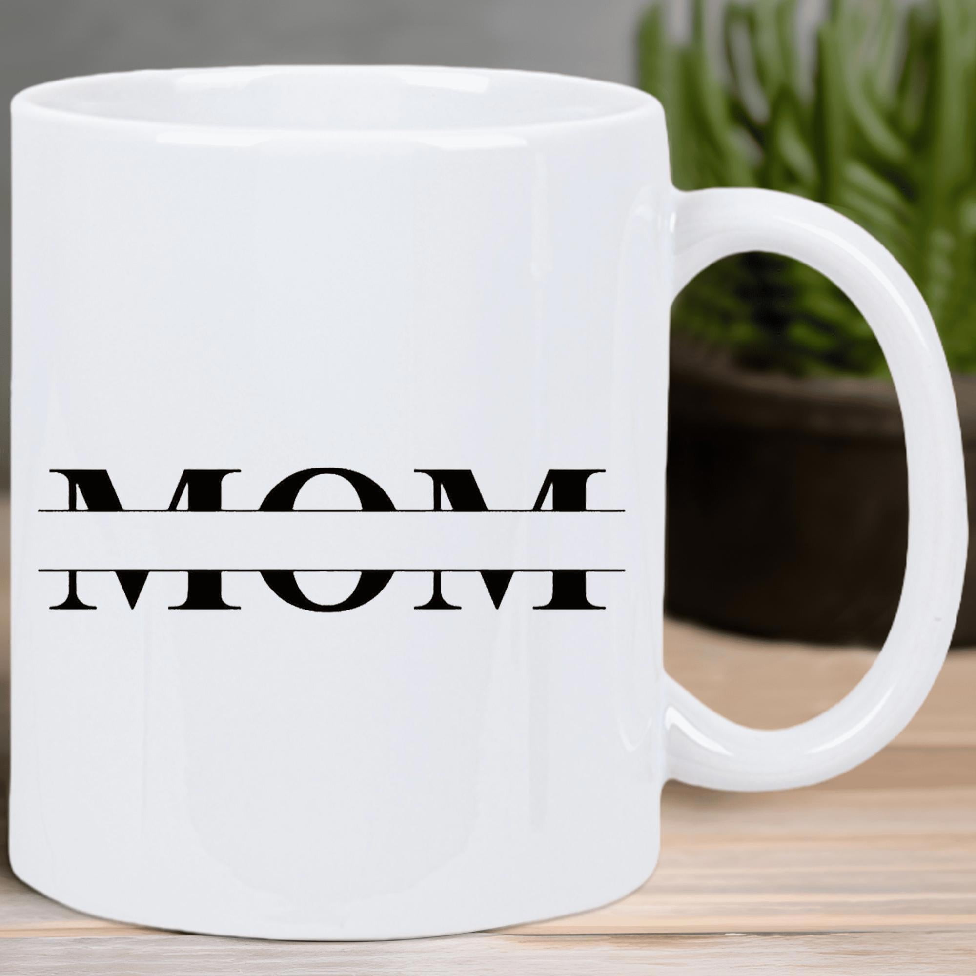 Tailorly White Ceramic 11 oz Mug - Mom Minimalist Split Serif Typography Featuring Elegant Horizontal Lines And Bold Lettering Monogram