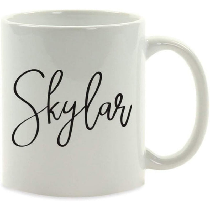 Tailorly White Ceramic 11 oz Mug - Skylar Elegant Black Cursive Script Writing On A Minimalist