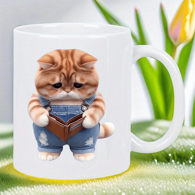 Tailorly White Ceramic 11 oz Mug - Adorable Chubby Orange Tabby Wearing Blue Denim Overalls Holding A Small Leather Wallet Cat