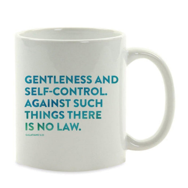 Tailorly White Ceramic 11 oz Mug - Gentleness And Self-Control Against Such Things There Is No Law Elegant Script Design Cut Out Of Polished Steel Metal Art Quote