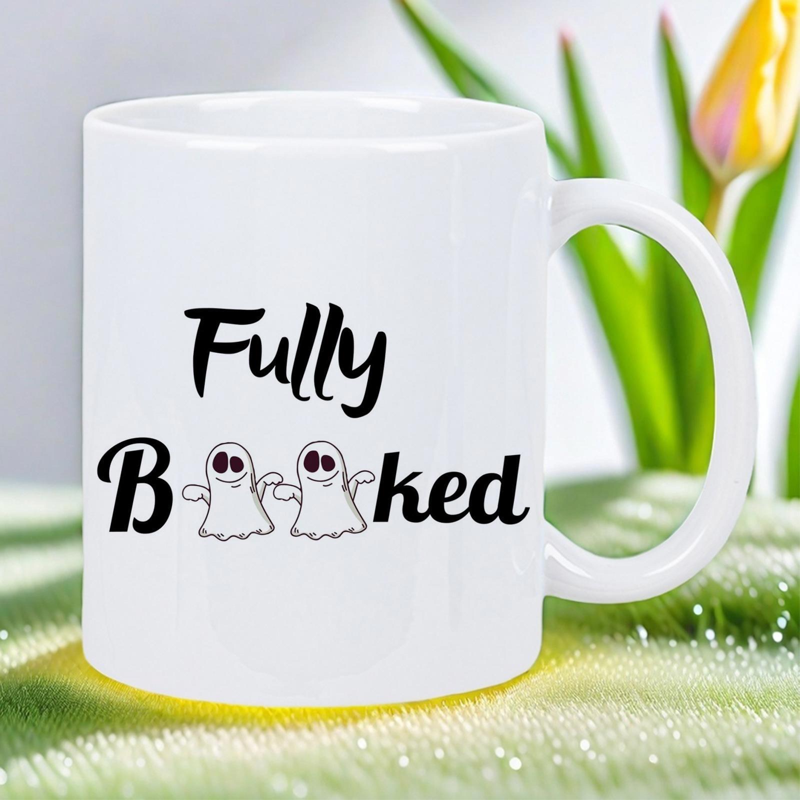 Tailorly White Ceramic 11 oz Mug - Fully Booked Two Small Spooky Cartoon Ghosts Replacing Letters In Cute Design Ghost