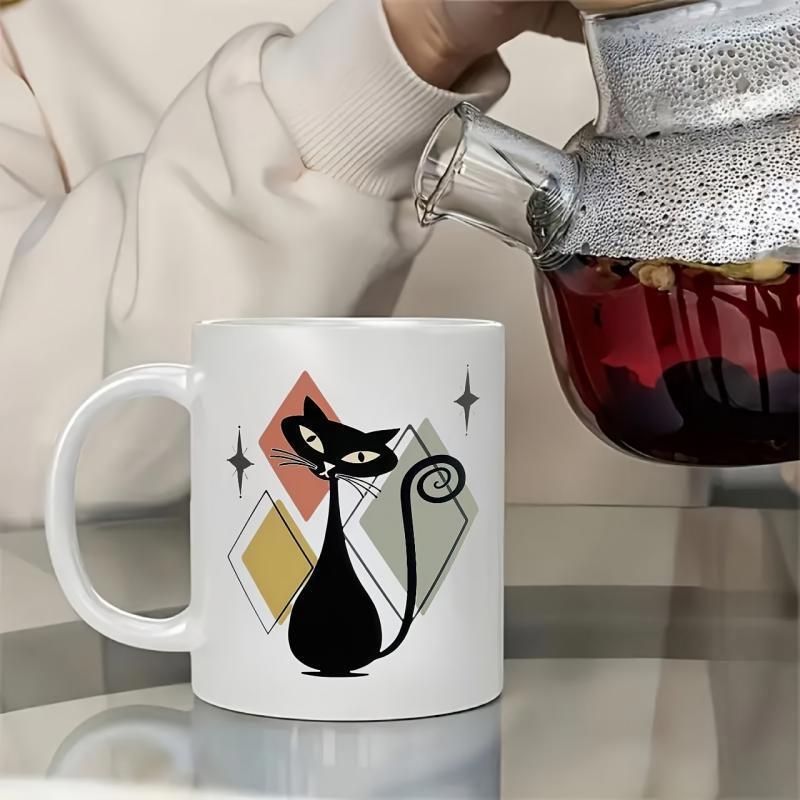 Tailorly White Ceramic 11 oz Mug - Elegant Black Retro Silhouette Among Atomic Era Geometric Diamonds And Shimmering Stars Cat