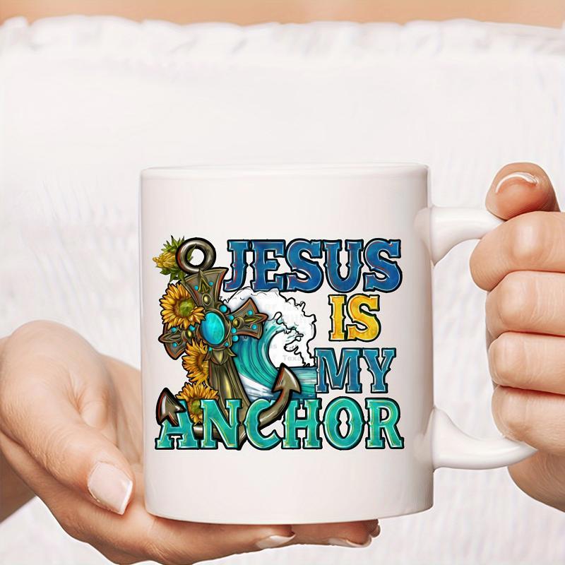 Tailorly White Ceramic 11 oz Mug - Jesus Is My Anchor Nautical Cross With Sunflowers Surrounded By Crashing Ocean Waves Anchor