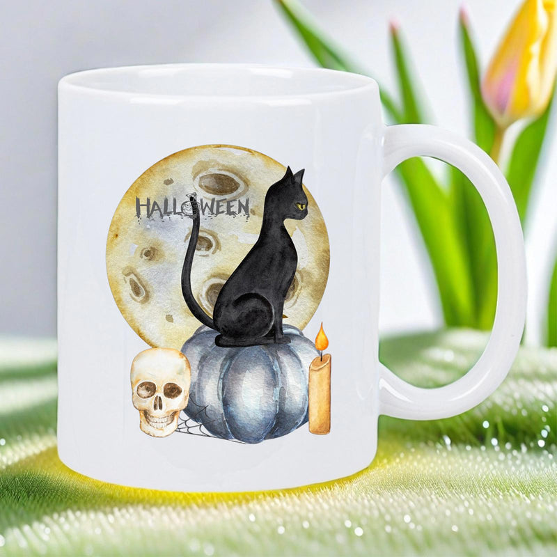 Tailorly White Ceramic 11 oz Mug - Halloween Mysterious Black Cat Sitting On Pumpkin Beside Skull Under Glowing Moon Cat