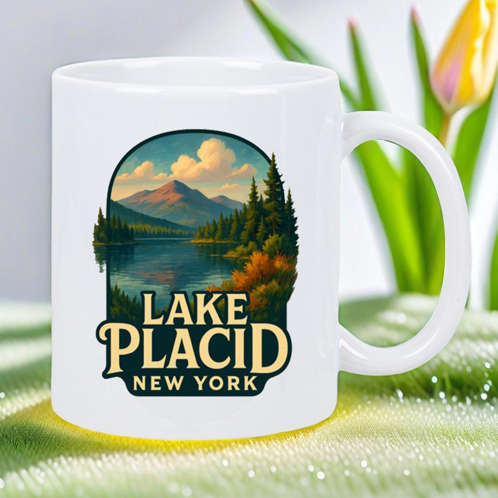 Tailorly White Ceramic 11 oz Mug - Lake Placid New York Serene Lake Surrounded By Pine Trees And Majestic Distant Mountains Mountain