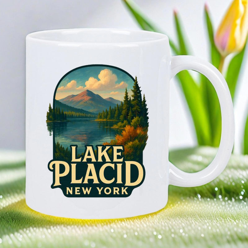 Tailorly White Ceramic 11 oz Mug - Lake Placid New York Serene Lake Surrounded By Pine Trees And Majestic Distant Mountains Mountain