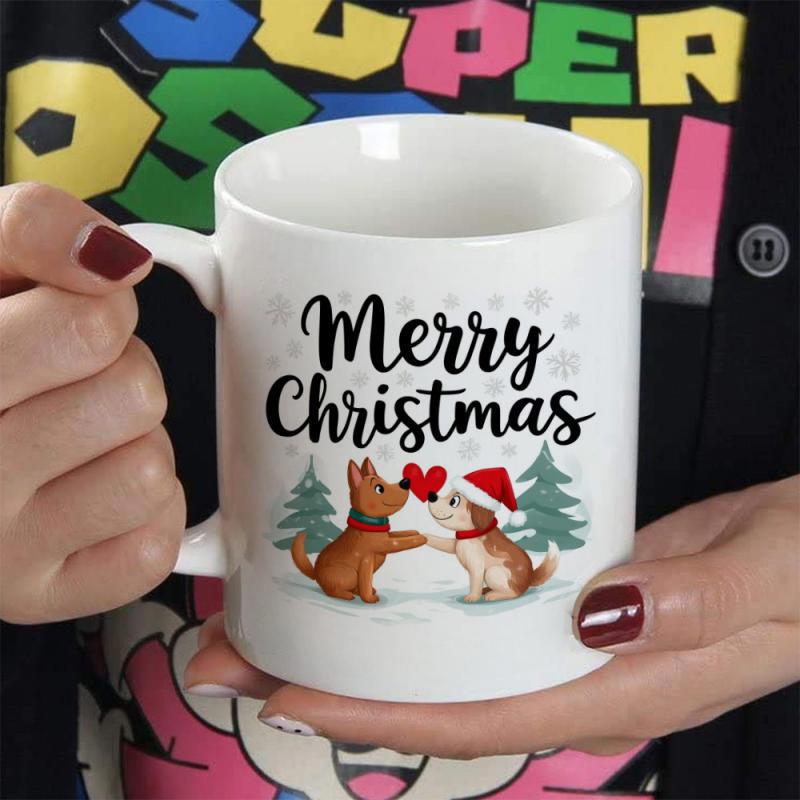 Tailorly White Ceramic 11 oz Mug - Merry Christmas Festive Puppies Sharing A Red Heart In A Snowy Forest Dogs