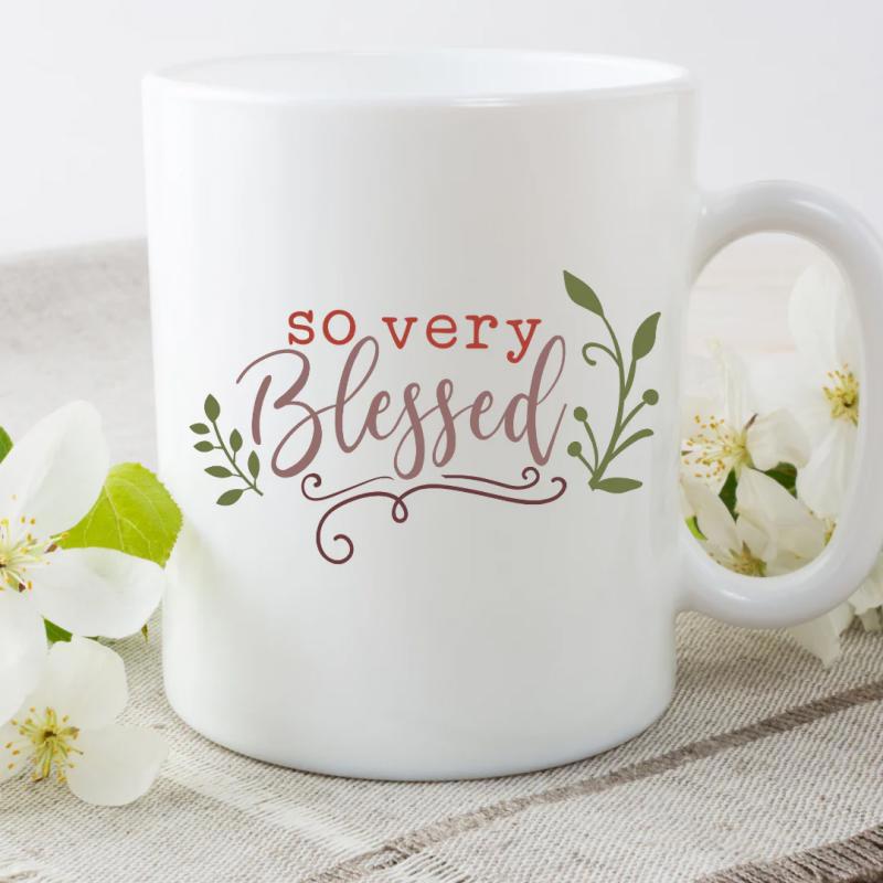 Tailorly White Ceramic 11 oz Mug - So Very Blessed Delicate Green Leaf Branches With Elegant Script Typography And Artistic Flourishes Mug