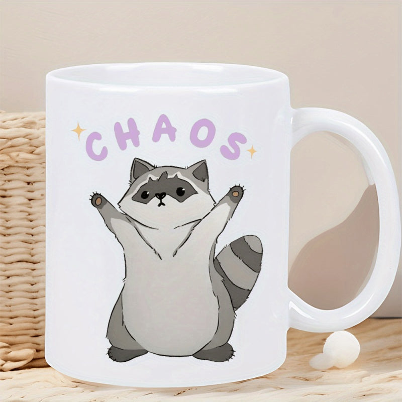 Tailorly White Ceramic 11 oz Mug - Chaos Adorable Playful Chubby Raccoon Raising Tiny Paws Under Shining Stars Raccoon
