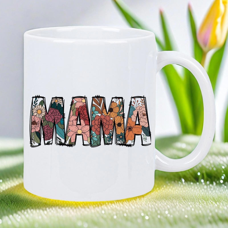 Tailorly White Ceramic 11 oz Mug - Mama Elegant Colorful Floral Patterns Filling Bold Textured Outlined Block Style Lettering