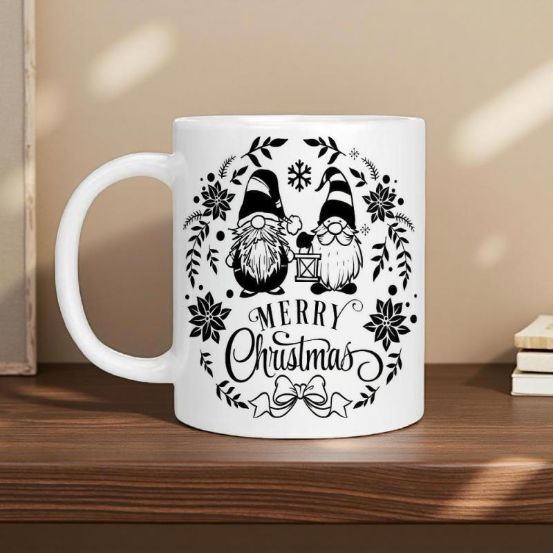 Tailorly White Ceramic 11 oz Mug - Merry Christmas Two Festive Gnomes Standing Within A Decorative Winter Floral Wreath Gnome