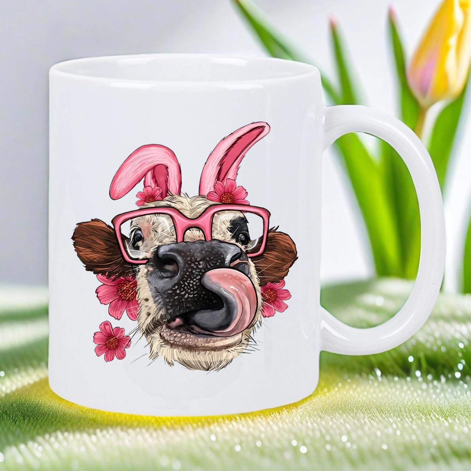 Tailorly White Ceramic 11 oz Mug - Whimsical Farm Animal Wearing Pink Glasses And Bunny Ears Among Flowers Cow