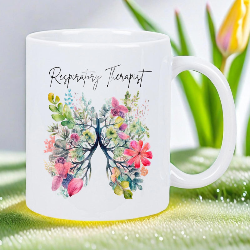 Tailorly White Ceramic 11 oz Mug - Respiratory Therapist Colorful Artistic Blooming Floral Arrangement Forming A Pair Of Human Lungs