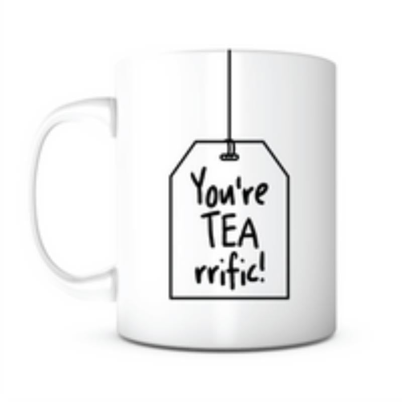 Tailorly White Ceramic 11 oz Mug - Youre Tea Rrific Minimalist Line Drawing Hanging From A Thin Vertical String Tea Bag