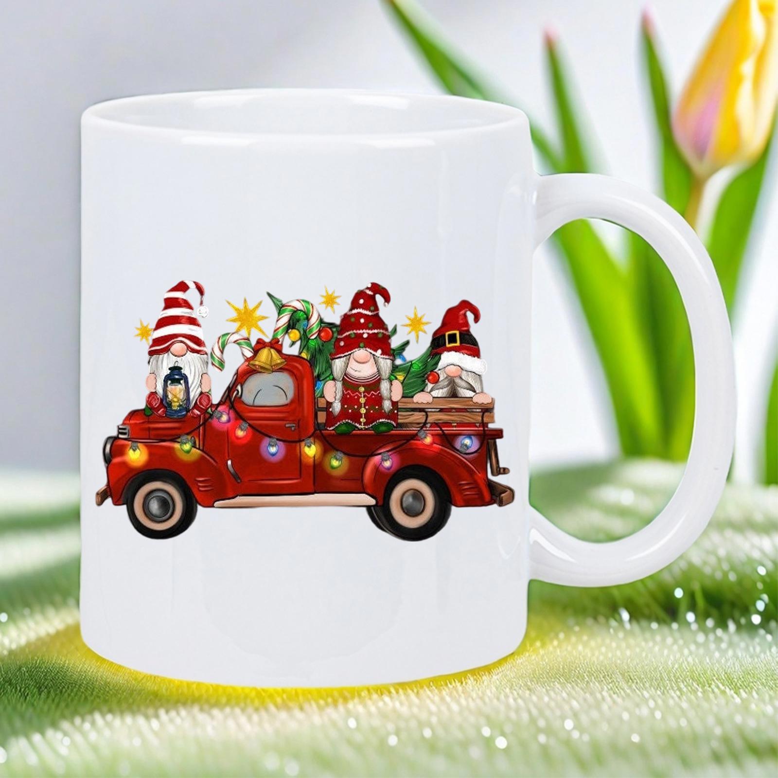 Tailorly White Ceramic 11 oz Mug - Three Festive Christmas Gnomes Riding On A Vintage Red Pickup Truck