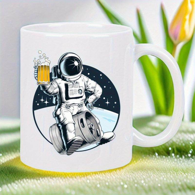 Tailorly White Ceramic 11 oz Mug - Detailed Illustrative Space Explorer Sitting On Barrel Holding Foamy Beer Mug Astronaut