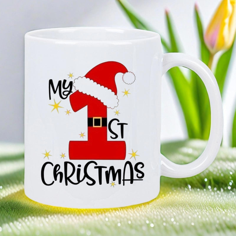 Tailorly White Ceramic 11 oz Mug - My 1st Christmas Vibrant Red Festive Number One Wearing Santa Hat And Belt Number