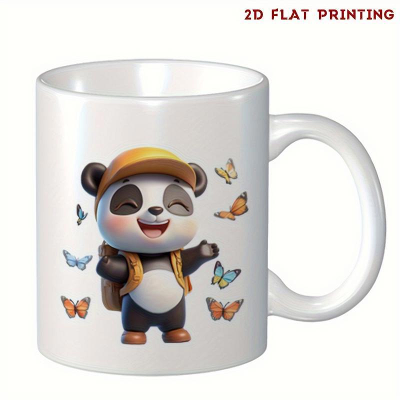 Tailorly White Ceramic 11 oz Mug - Adorable Cartoon Panda Wearing Yellow Hat And Backpack Surrounded By Colorful Butterflies Panda
