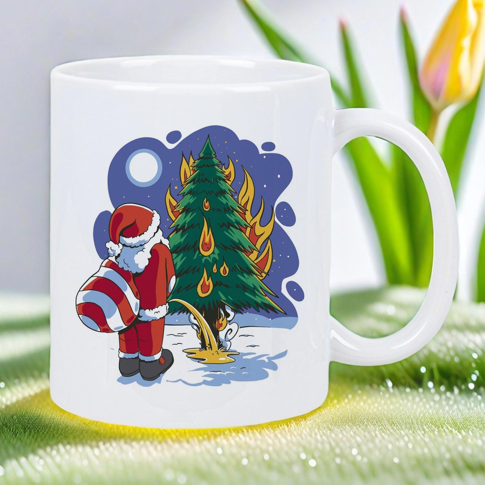 Tailorly White Ceramic 11 oz Mug - Humorous Cartoon Character Extinguishing Burning Winter Tree Under Bright Moon Santa Claus
