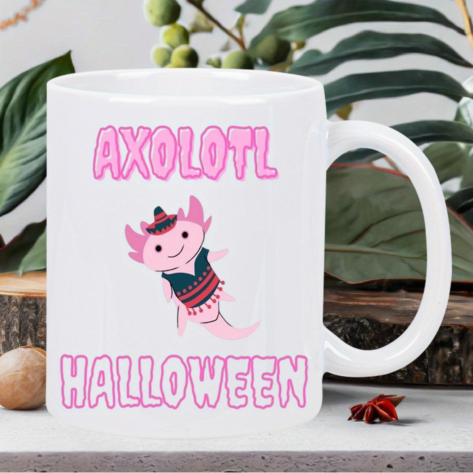 Tailorly White Ceramic 11 oz Mug - Axolotl Halloween Cute Pink Cartoon Character Wearing A Festive Poncho And Sombrero Axolotl