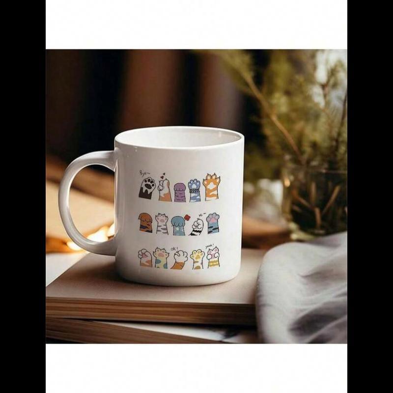 Tailorly White Ceramic 11 oz Mug - Adorable Colorful Cartoon Paws Arranged In Neat Rows Displaying Playful Textures Cat