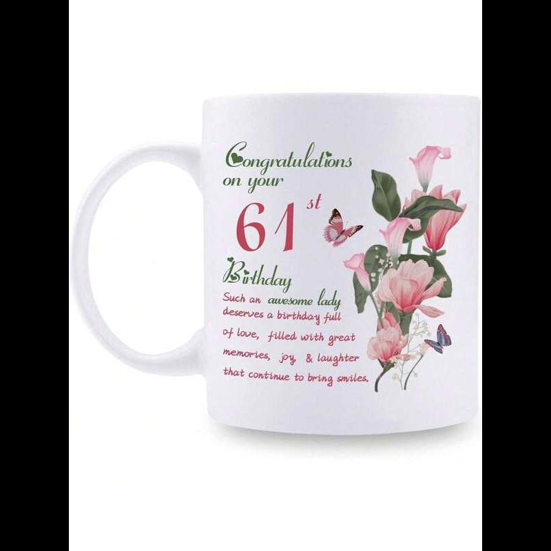 Tailorly White Ceramic 11 oz Mug - Congratulations On Your 61st Birthday Elegant Blooming Pink Lilies With Delicate Butterflies Fluttering Near Green Leaves Flower